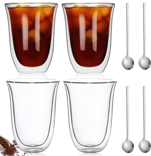 Lot de 4 verres à latte macchiato à double paroi 300 ml - Verres à café à double paroi avec 4 cuillères à cappuccino - Verres à café glacé - Verres à double paroi