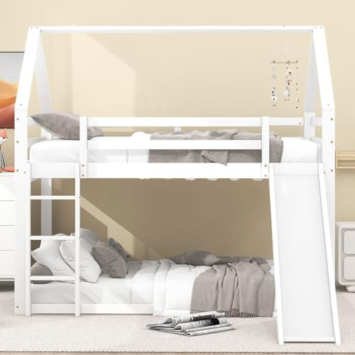 FOERPL Letto a Castello per Bambini 140 x 200 cm, Letti a Forma di Casa con Protezione Anticaduta, Letto a Soppalco con Scivolo e Scala, Legno,bianco