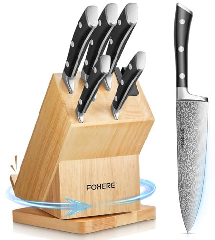 Knife Sets, 6 Piece Kitchen Knives Sets with 360° Rotatable Block, High Carbon Stainless Steel Knivese with Chef, Slicing, Bread, Utility, Paring, Knife Holder with Sharpener and Cell Phone Stands