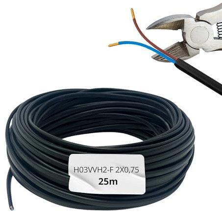 HALOTEC 25 mètres Câble électrique 2 fils 2 x 0,75 | H03VVH2-F | Double isolation PVC | Câble d'installation | Câble courant | PVC | Noir | Câble plat 2 fils | Câble 2 fils