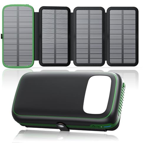 Cargador Solar Power Bank 27000mAh – FEELLE Batería Externa con 3 Salidas USB 3A Carga Rápida, Linterna Integrada y 4 Paneles Solares Plegables Cargador Portátil para Smartphones Tablets(Verde)