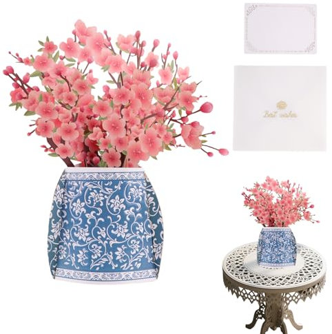 Pop-Up-Geburtstagskarten für Frauen, 3D-Popup-Papierblumengrußkarte, Blumenstrauß, Grußkarte, blaue und weiße Porzellanvase für Mutter, Ehefrau, Bestie, Freundin, Freunde, Lehrer, Kollegen, Muttertag