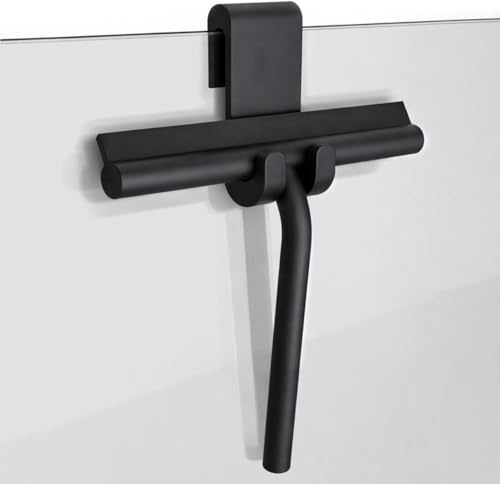 Tergivetro Doccia in Silicone con Supporto – Tira Acqua Pulisci Vetri Doccia, Porte, Finestre e Specchi – Tergivetro per Doccia Nero 24x19 cm Senza Foratura, Supporto Incluso