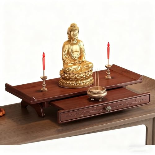GEZHUCAO Altartisch Aus Massivholz, Handgeschnitzter Buddha-Schrein Mit Ausziehbarem Tablett Und Stabilem Dreieckigen Fuß Für Gebet, Meditation Und Als Dekoration(Desktop,50CM/19.7IN)