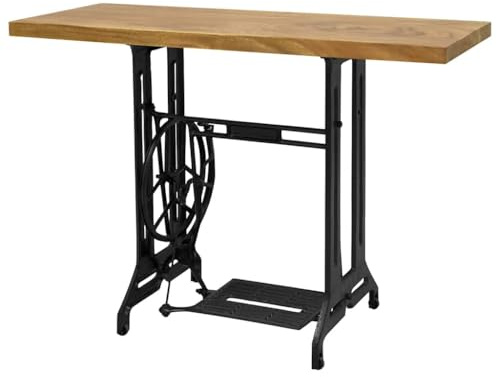 QZZCED Console de machine à coudre vintage avec base en fonte et plateau en bois de teck massif, meuble rustique comme table d'appoint, bureau ou support pour miroir,