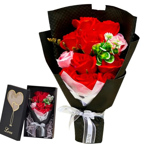 KUKUTrue® Artificial Red Roses in Black Gift Box with Heart Cutout Window, Forever Flowers, Artificial Roses, Valentines Gifts for Wife, Valentines Gifts for Her