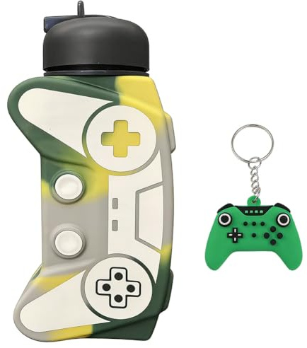550ml Game Controller Silicone Water Bottle with Controller Keychain – BPA-Free Collapsible Gaming Water Bottle, Leakproof with Carry Strap Perfect for Gamers, School, Travel & Outdoor Use (Green)