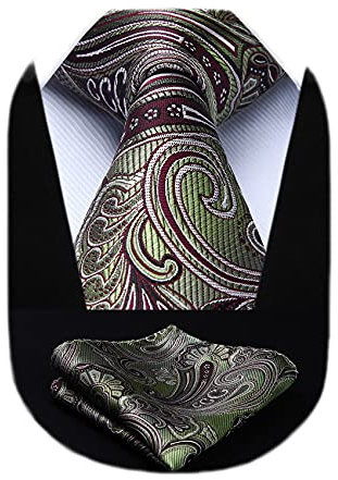 HISDERN Herren Krawatte Salbeigrün mit Einstecktuch Set Extra Lange Paisley Krawatten und Taschentuch Elegante Hochzeit Seidenkrawatte für Männer