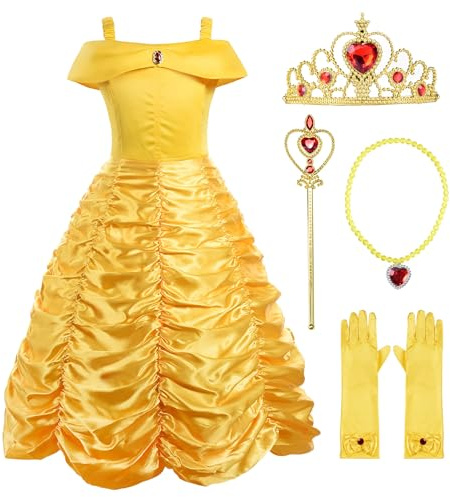 ReliBeauty Vestito Costume Principessa Carnevale Bambina Halloween Giallo con Accessori