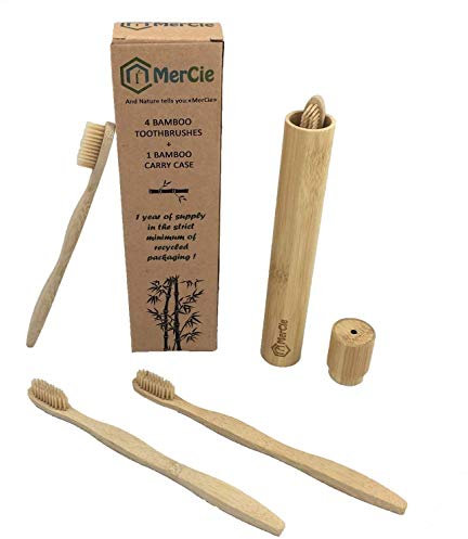 Set di 4 spazzolini da denti ecologici in bambù + scatola da immagazzinaggio/trasporto in bambù | Setole MORBIDE in fibra di bambù | 100% BIODEGRADABILE | Imballaggi riciclati senza plastica