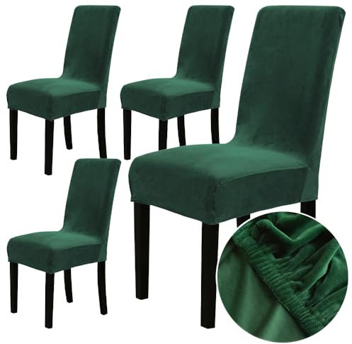 Chickw1 Stuhlhussen 4er Set Samt Stuhlhussen für Schwingstühle, Esszimmerstühle Hussen Für Hochzeit, Hotel, Küche, Bankett, Partys Stretch Stuhlhussen (4er,Dunkelgrün)