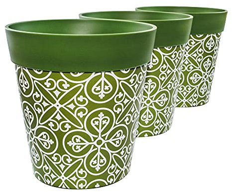 Hum Flowerpots, Set di Tre Vasi per Piante da 22 cm, Vari Modelli, Colori e Dimensioni, per Interni ed Esterni, Verde Marocco