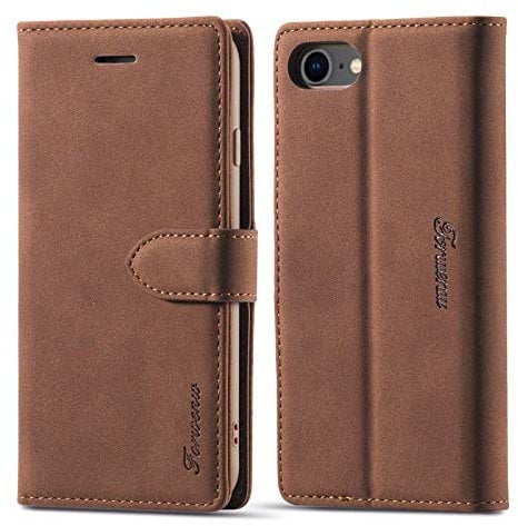 LOLFZ Hülle für iPhone 7/8/SE 2020/SE 2022, Premium PU Leder Handyhülle mit Kartenfach Ständer Magnetische Schutzhülle - Braun