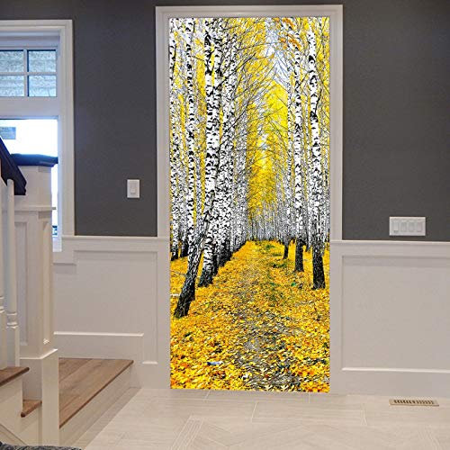 A.Monamour Türtapete Selbstklebend Türfolie Türposter 3D Naturlandschaft Der Herbst Birken Wald Straße Vinyl Folie Türdeko Tapete Wandbild Türaufkleber Türtattoo 90x200cm