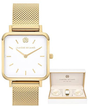 L'AMORE MILANO Damenuhr Rosenbox - Hochwertige Schmale Armbanduhr Edelstahl mit luxuriösem eckigem Design, wasserdicht 3 ATM - Edles Geschenk für Frauen, Freundin, Mutter - 28mm Damen Uhr Mesh Gold