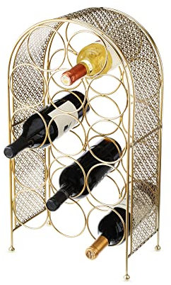 Twine Escurridor de enrejado, capacidad para 14 botellas, almacenamiento de vino de encimera dorada, hierro fundido, juego de 1