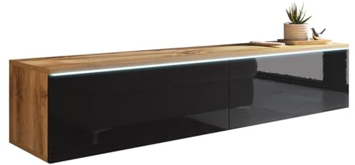 Mirjan24 TV Lowboard Stone, TV Schrank, Fernsehschrank, Grifflose Öffnen, Hängeschrank Hochglanz Matt Wohnwand (Wotan/Schwarz Hochglanz, Modell: 140 / ohne LED Beleuchtung)