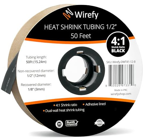 Wirefy Schrumpfschlauch Rolle - 12mm - 15,25m - 4:1 Schrumpf-Rate - Schrumpfschlauch Schwarz Wasserdicht - Kabel Reparaturset als Löt-Zubehör - Heat Shrink Tubing