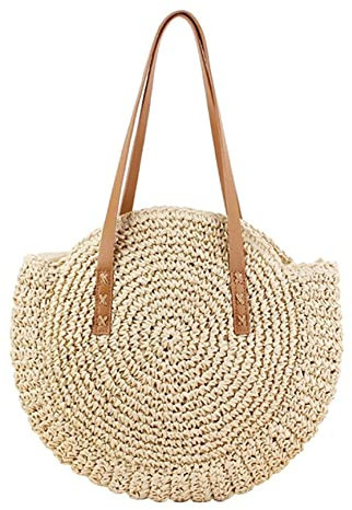 Anawakia Sac De Paille Rond Sac de Plage d'été pour Femme en Rotin Bandoulière à Porter à l'épaule (Beige)