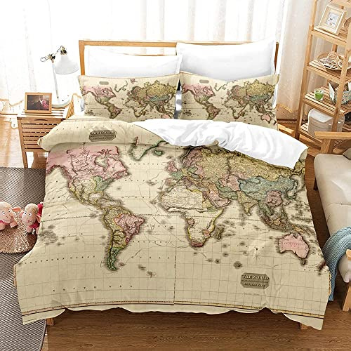 LUYAPOND Bettwäsche 135x200 Khaki Weltkarte Bettwäsche Set für Kinder, Mikrofaser Bettbezüge, 1 Bettbezug mit Reißverschluss + 1 Kissenbezug 80x80 cm