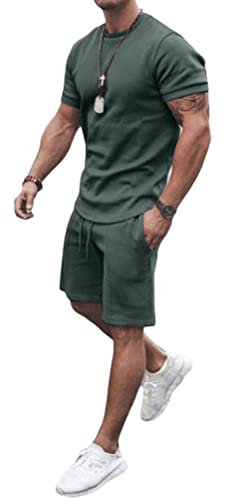 Osheoiso 2 Teiliges Sommersportanzug T-Shirts + Kurze Hose Sets Freizeitanzug Suit Outfit Sport Set Kurzarm Sporthose T-Shirt Männer Trainingsanzug Sporthose Mit Taschen A Armeegrün XXL