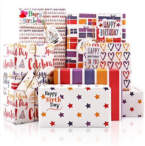 MAMUNU Geschenkpapier Geburtstag - Liebe Stern Streife - 6 Bögen Bunt Geschenkpapier Kinder mit Papierseil, Aufkleber und Hängeetiketten für Valentinstag DIY-Blumenstraußverpackung, 70x50cm