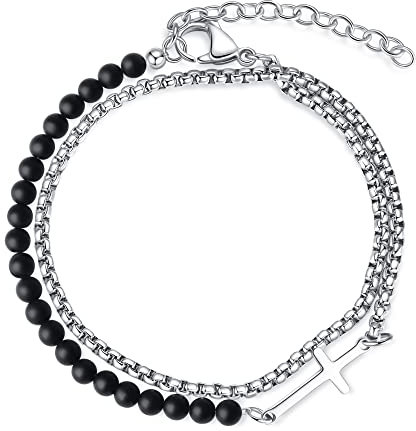 GAVU Herren Zweilagiges Armband Kristall Perlenarmband aus Mattem Onyx und Edelstahl mit Kreuz Charm