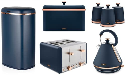 Tower Cavaletto Midnight Blue & Rose Gold Pyramid Kettle, 4 Slice Toaster, Bread Bin, 3 Canisters and 58L Sensor Bin. Kitchen Set of 7 in Midnight Blue & Rose Gold