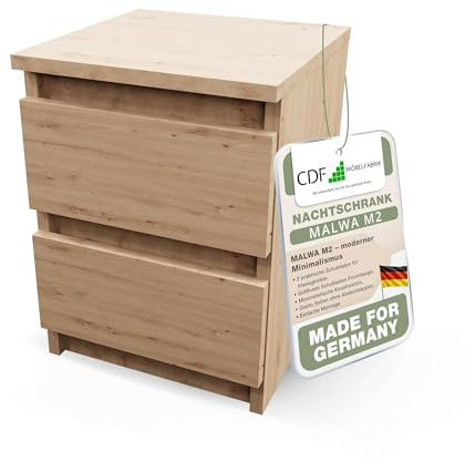 CDF Bedside Table with 2 Drawers Bedside Chest Space-Saving Storage Smooth Metal Runner Modern Bedroom Nightstand Unit Narrow Cabinet Sofa Side Table Bed Living Room 30x30x40 cm Artisan Oak