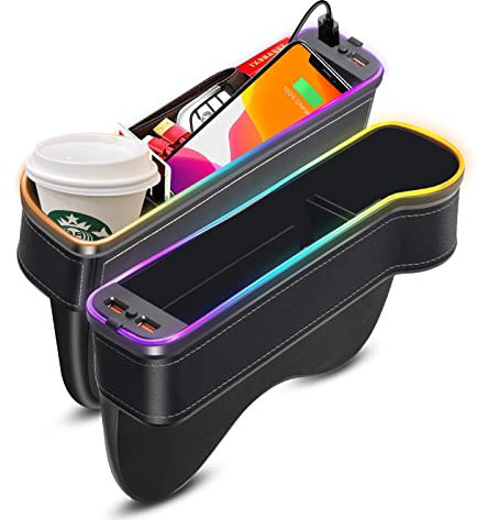 ATOVANKA 2 Stück Auto Aufbewahrungsbox, Leder Autositz Organizer mit USB-Anschluss, Auto Organizer Mittelkonsole mit 7-Farbigen Led Litch, Autositz Lückenfüller Mit Auto Getränkehalter