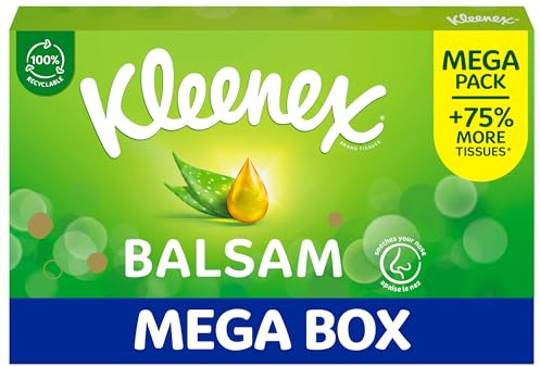 Kleenex Balsamtücher, Mega-Pack – 112 Blatt – Balsamtücher schützen und beruhigen Ihre Nase, wenn Sie erkältet sind – mit Aloe Vera, Vitamin E und Ringelblume