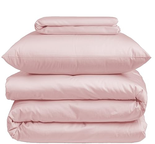 Nordic Paradise - Housse de Couette de Luxe en Satin de Coton 240x220 cm + Drap Housse 180x200 cm + 2 Taies d'oreiller 50x70 cm- Set avec Fermeture Éclair Fine - Couleur Rose Doux