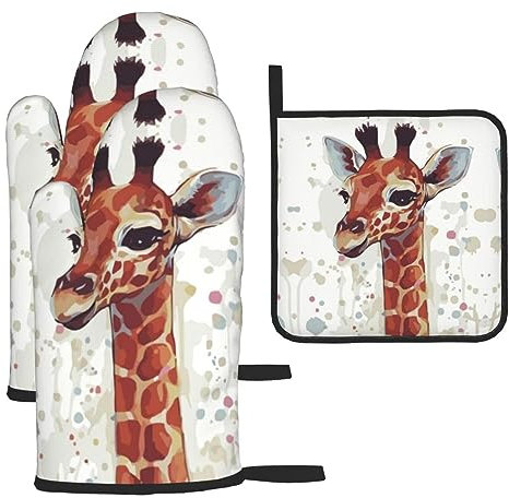 Stylish Animal Watercolor Giraffe Oven Mitts and Pot Holders Sets of 3 Heat Resistant Non-Slip Kitchen Oven Gloves and Hot Pads for Cooking Baking Grilling BBQ Gifts
