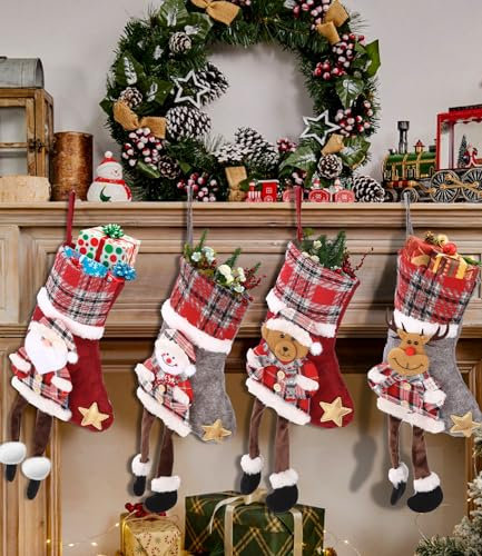 4 Piezas Medias de Navidad,TIDEVAN Navidad Calcetines Calcetines Navidad Chimenea Calcetín de Decoración Navideña para Llenar y Colgar para el árbol de Navidad Chimenea Decoración Familiares de Fiesta