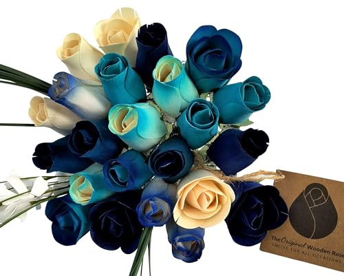 The Original Wooden Rose Bouquet mit roten und cremefarbenen Rosen mit geschlossenen und halboffenen Knospen, 2 Dutzend
