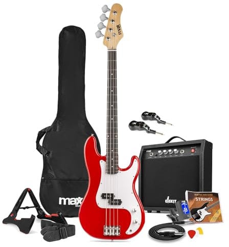 Max GigKit Wireless Electric Bass Guitar Starter Kit with 40W Amplifier, Strap, Stand, Bag, Tuner and Strings Set - Full Size, Red