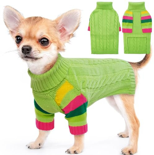 MHaustlie Kleiner Hundepullover, Warmer Hundesweater für kaltes Wetter, Strickwaren mit Rollkragen, Dicker Warmer Pullover, Hundesweater für Chihuahua, Bulldogge, Dackel, Mops, Yorkie (Grün, S)