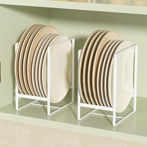 QUMENEY 2 Pack Large Plate Holders Organizers Plate Racks Upright Dish Drying Racks space saver plate dispenser for Kitchen Cabinets and Countertop (White)