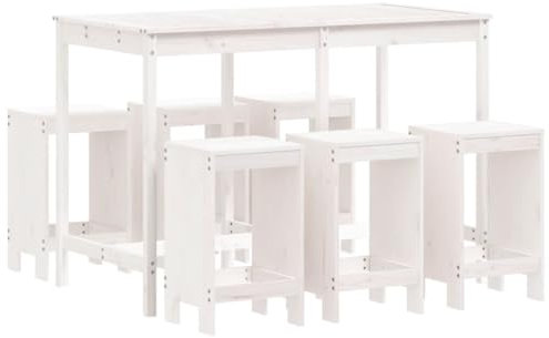 vidaXL Gartenbar Set 7-TLG., Sitzgruppe mit 1 Gartentisch 6 Barhocker, Garnitur für Balkon Terrasse, Outdoor Bar Set Gartenmöbel, Weiß Massivholz Kiefer