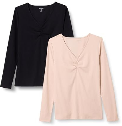 Amazon Essentials T-shirt cintré en tricot côtelé à manches longues et col en V Femme, Lot de 2, Noir/Rose Blush, M