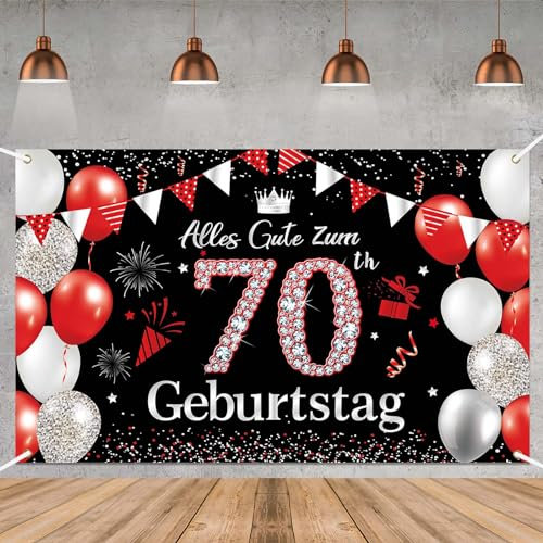 Deko 70. Geburtstag Banner für Mann und Frau - Rot Schwarz Hintergrund, Happy Birthday Party Dekoration 180 × 110 cm