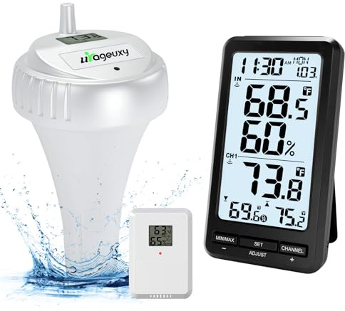 Urageuxy Thermomètre de piscine numérique sans fil flottant facile à lire, thermomètre de température d'eau étanche IPX8 pour jacuzzi, bain de glace, piscine, spa, aquarium, étang, intérieur
