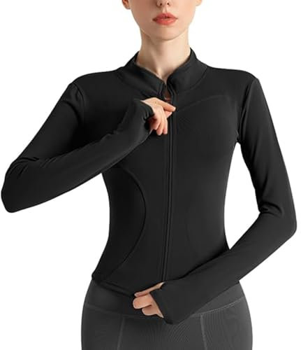 Sport Langarmshirt Damen, Crop Top Sweatshirt mit Langer Reißverschluss, Leicht Oberteil Laufshirt, Sportjacke Damen, Fit Fitness Yoga Shirt für Frauen, Langarm Gym T-Shirt mit Daumenloch