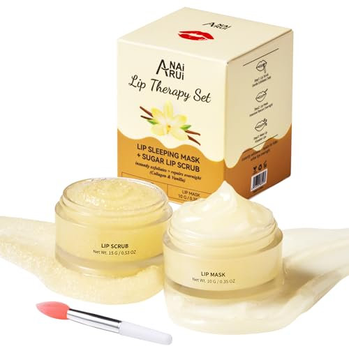 ANAiRUi Lippenbalsam und Lippenpeeling-Set, Vanille & Collagen Lippenschlafmaske und Lippenpeeling Zuckerpeeling, Lippenpflege-Geschenkset für Trockene, Rissige, Schälende Lippen