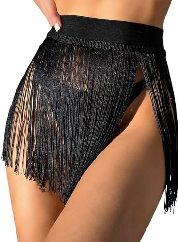 Damen Quaste Rock - Festival Accessoires Rave Outfit Mode Punk Fransen Röcke Sexy Minirock Techno Skort Taillengürtel Gothic Gürtel Skirt Frauen Strand Tankinis(Black,L,1117w)