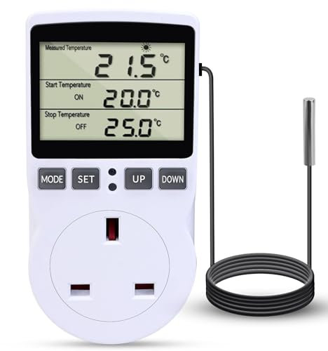 Digital Temperature Controller Plug Thermostat Outlet Socket with 1.7m Sensor 230V 16A Heating Cooling Timer Thermostat Plug, Digital Thermostat UK Socket for Greenhouse Freezer Fermentation
