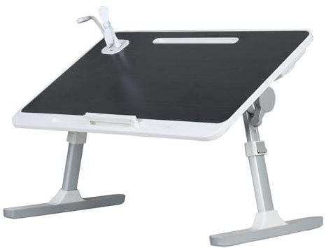 Haloppe Tavolino da letto per computer portatile, regolabile, con porta USB e cassetto portaoggetti, gambe pieghevoli, per divano letto, pavimento (piccolo ventilatore, piccola lampada), nero