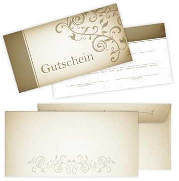 50 Gutscheine DIN lang (21x10,5 cm)+ 50 Kuverts DIN lang (22x11 cm) Design Motiv Vintage Papyrus Altes Papier Gutscheine zum Ausfüllen Gutschein Geschenk Karte Massage Kosmetik Nagelstudio Spa Beauty