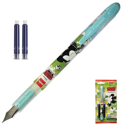 MICKEY MOUSE Fountain Pen with BLUE Ink Cartridges, Iridium Medium Nib, SKY Body, Pack of 1, Liquid Ink System, Smooth Writing, iZOFAX Black Ball Pen