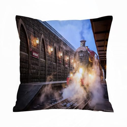 AELKSP Kissenbezug Kissenhülle Haus Dekorativ Für Jungen/Mädchen Wohnzimmer Schlafzimmer Sofa Stuhl Kissenbezüge,Vintage-Dampfmaschine im Train Magic Platform-Stil,40x40 cm